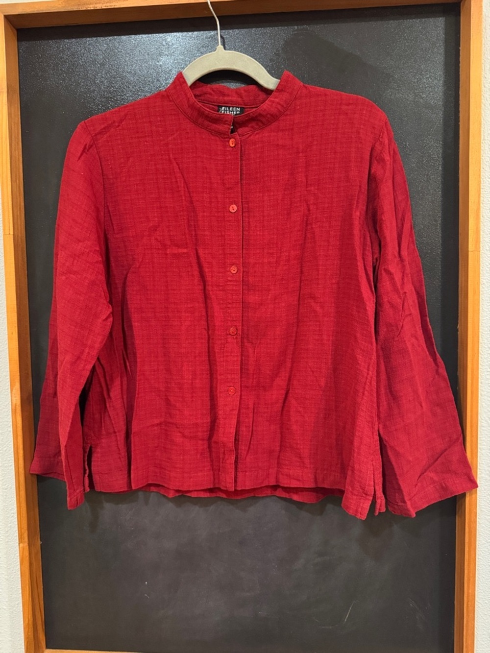 Eileen Fisher Crimson Red Button-Down Mandarin Collar Blouse viscose/linen - Picture 1 of 5